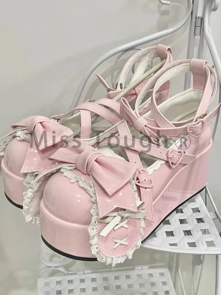 Summer Lovely Bow Strap Lolita Shoes for Women Sweet Bowtie Platform Mary Janes Woman Patent Leather Non-Slip Cute Flats 2024