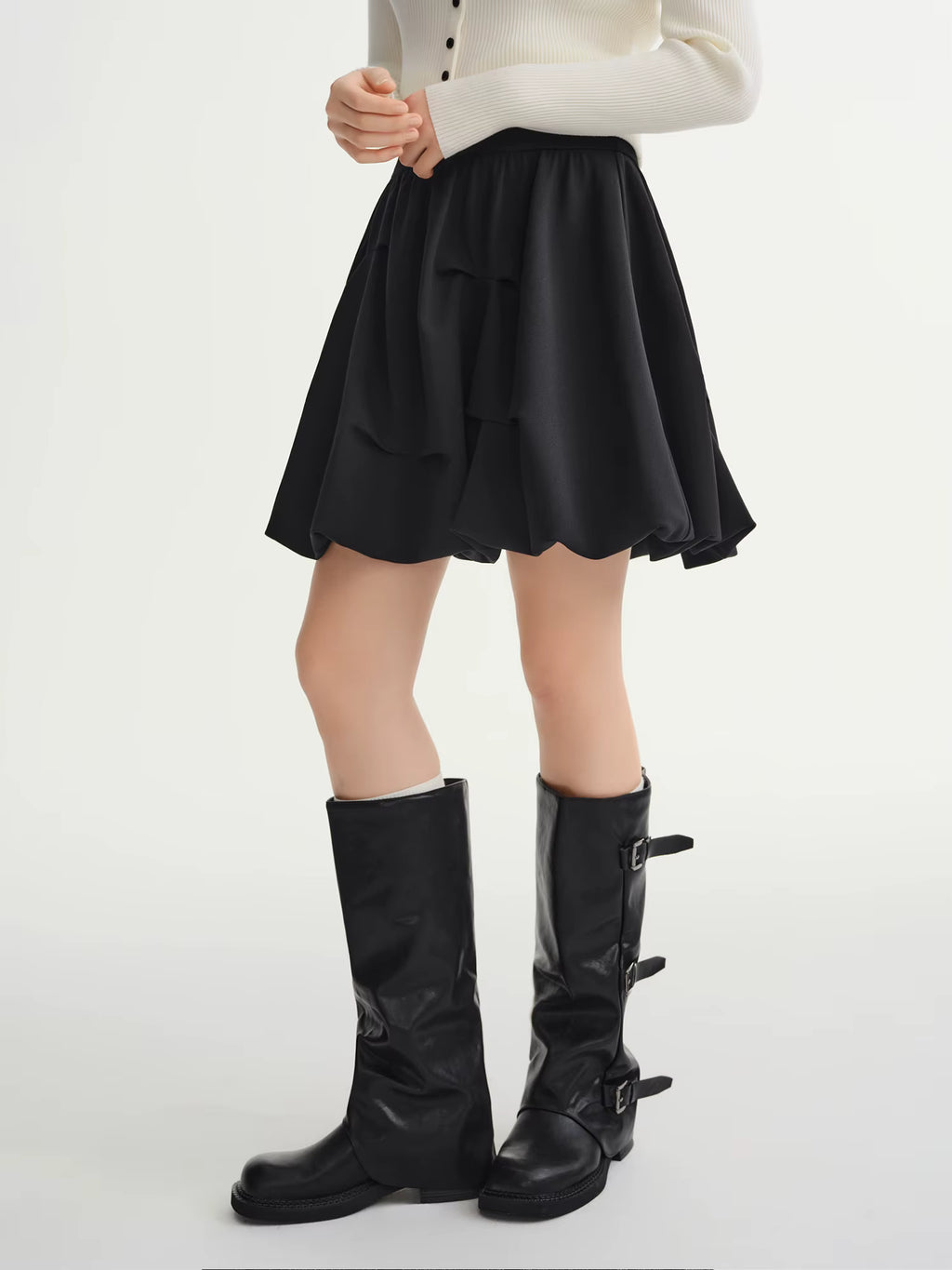 Puffy Pleated Bud Skirt Sets Women Long Sleeve Slim Cardigans 2025 Winter New Mini Skirt Simple Clean Fit Sweet Girlish