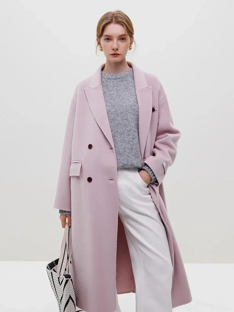 FSLE 95.2% Wool 4.8% Camel Hair Temperament Oatmeal Long Woolen Jackets Notched Collar Double Breasted Button Decoration Coats