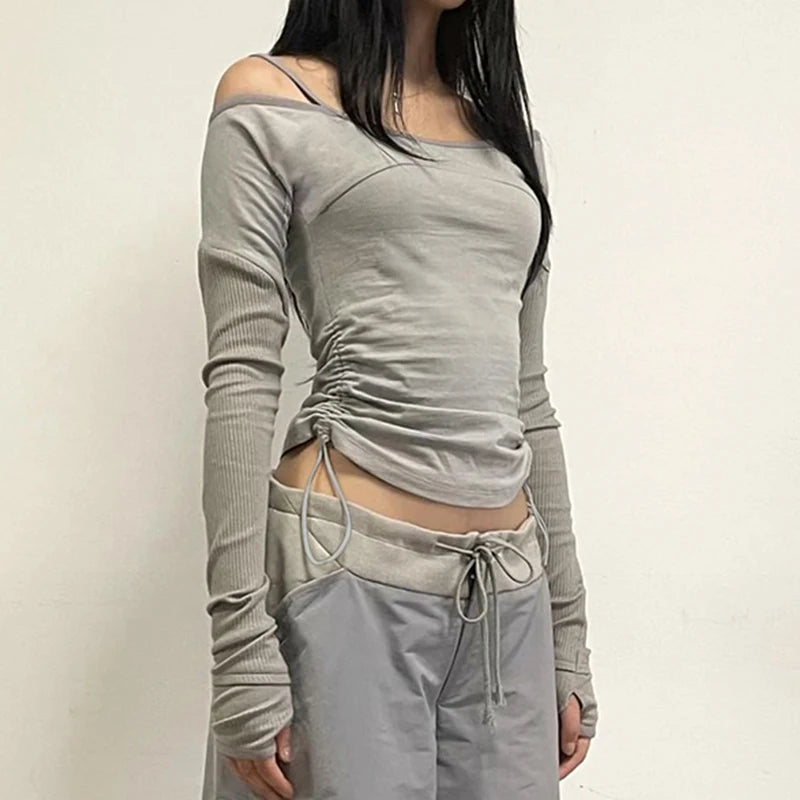 Rapcopter Solid Patchwork Crop Top Bandage Asymmetrical T Shirt Women Full Skeeve Korean Harajuku Tee Casual Stylish Autumn 90s
