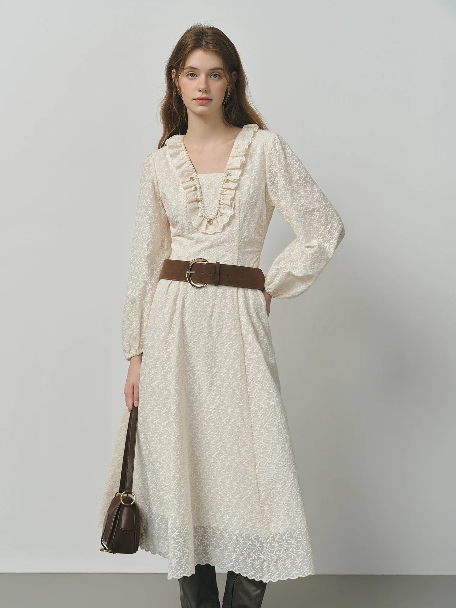 FSLE Autumn 2025 Women's V-Neck Dress - Long Sleeve Romantic Floral Embroidery Lace Trim Pearl Accents Loose Maxi Dress