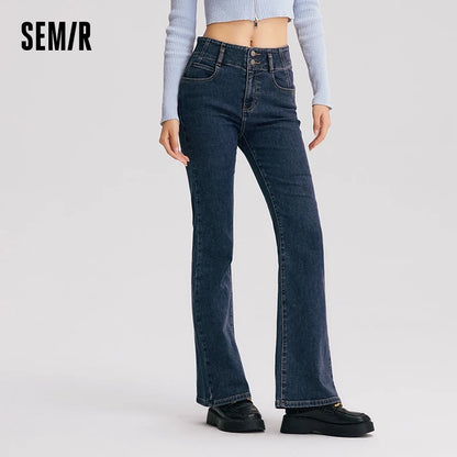 Semir Jeans Women High-Waist Flared Trousers Long Legs 2024 New Winter Fleece Floor-Sweeping Trousers