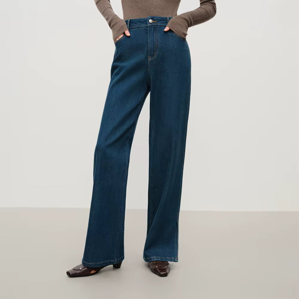 High-Waisted Black Wide-Leg Jeans with Slit Detail, Women's Fashion Casual Stretch Denim Trousers