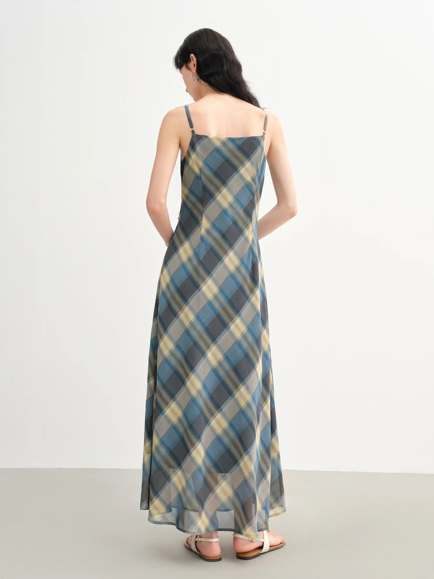 DUSHU 2025 Summer Women's Floral Checkered Maxi Dress - Curve-Flattering Ruffle Trim & A-Line Silhouette for Elegant Occasions