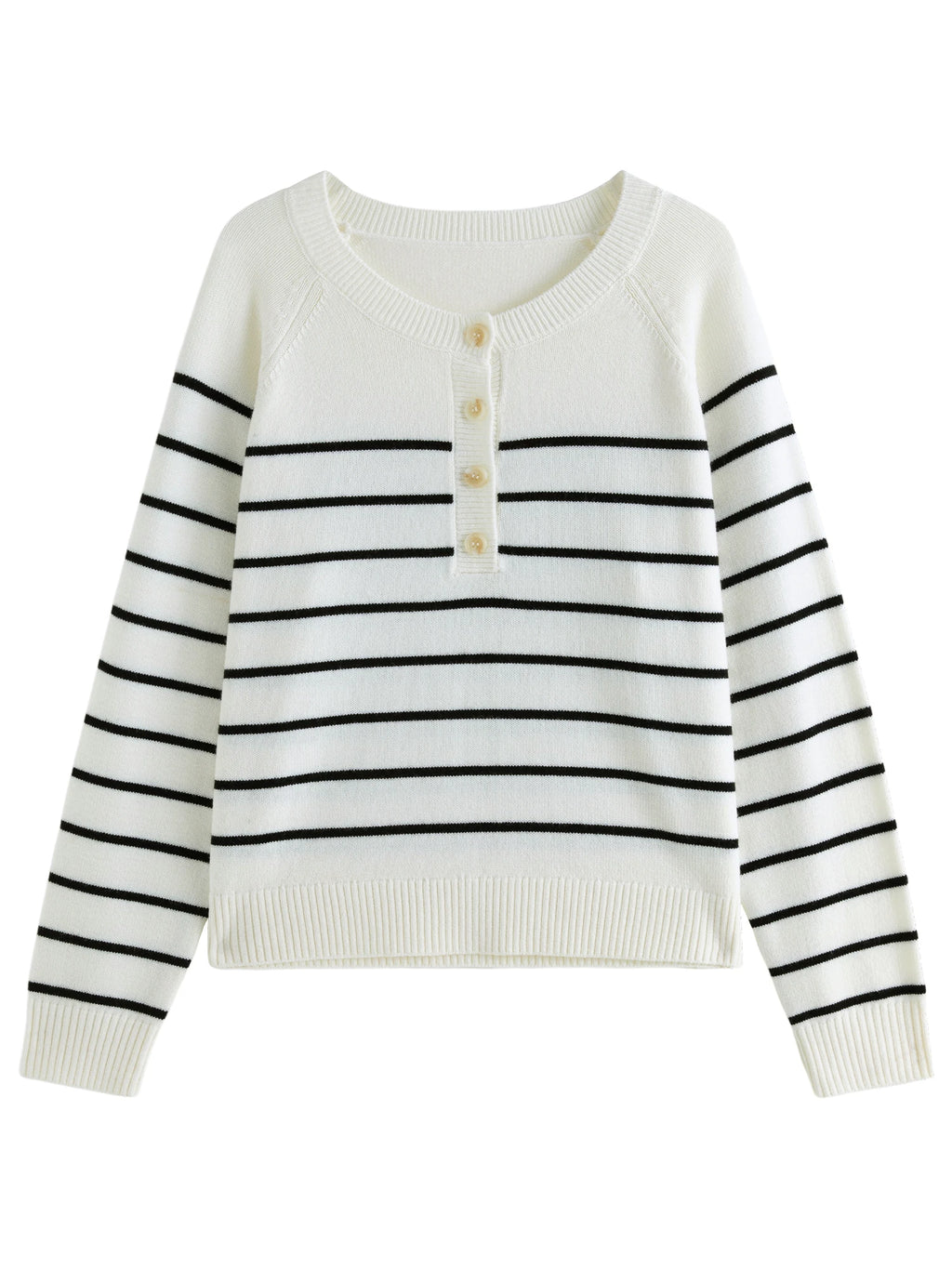 DUSHU 8.5% Wool Sweater Neckline Three Button Female Black White Stripe Long Sleeve Sweater Casual Round Neck Pullover 24DS84148