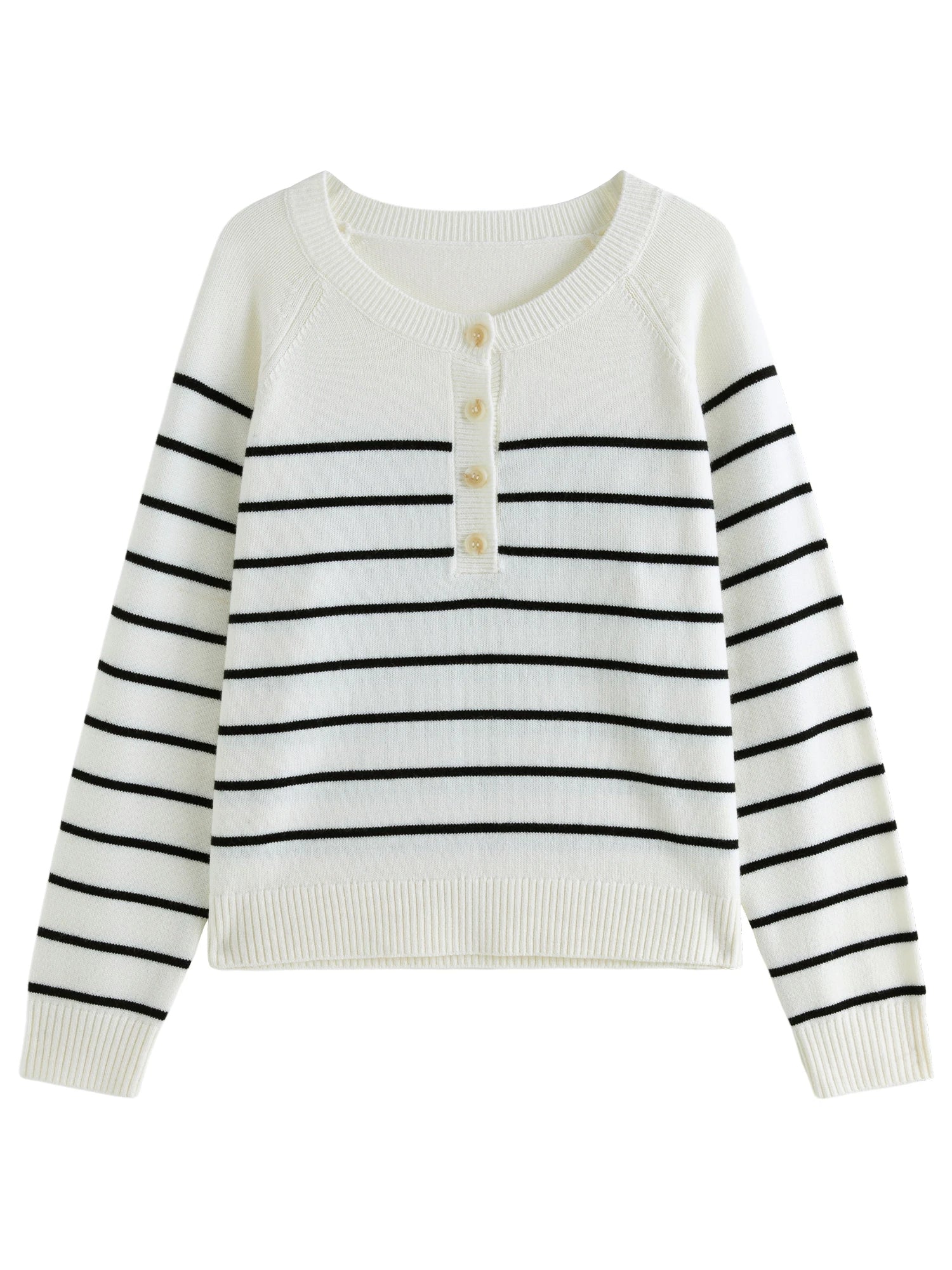 DUSHU 8.5% Wool Sweater Neckline Three Button Female Black White Stripe Long Sleeve Sweater Casual Round Neck Pullover 24DS84148