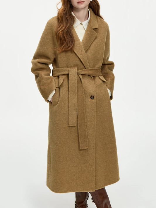 FSLE【4 Colors】Women 100% Wool Coats Long Temperament Brown Female Double Breasted Woolen Jackets With Sashes 24FS14228