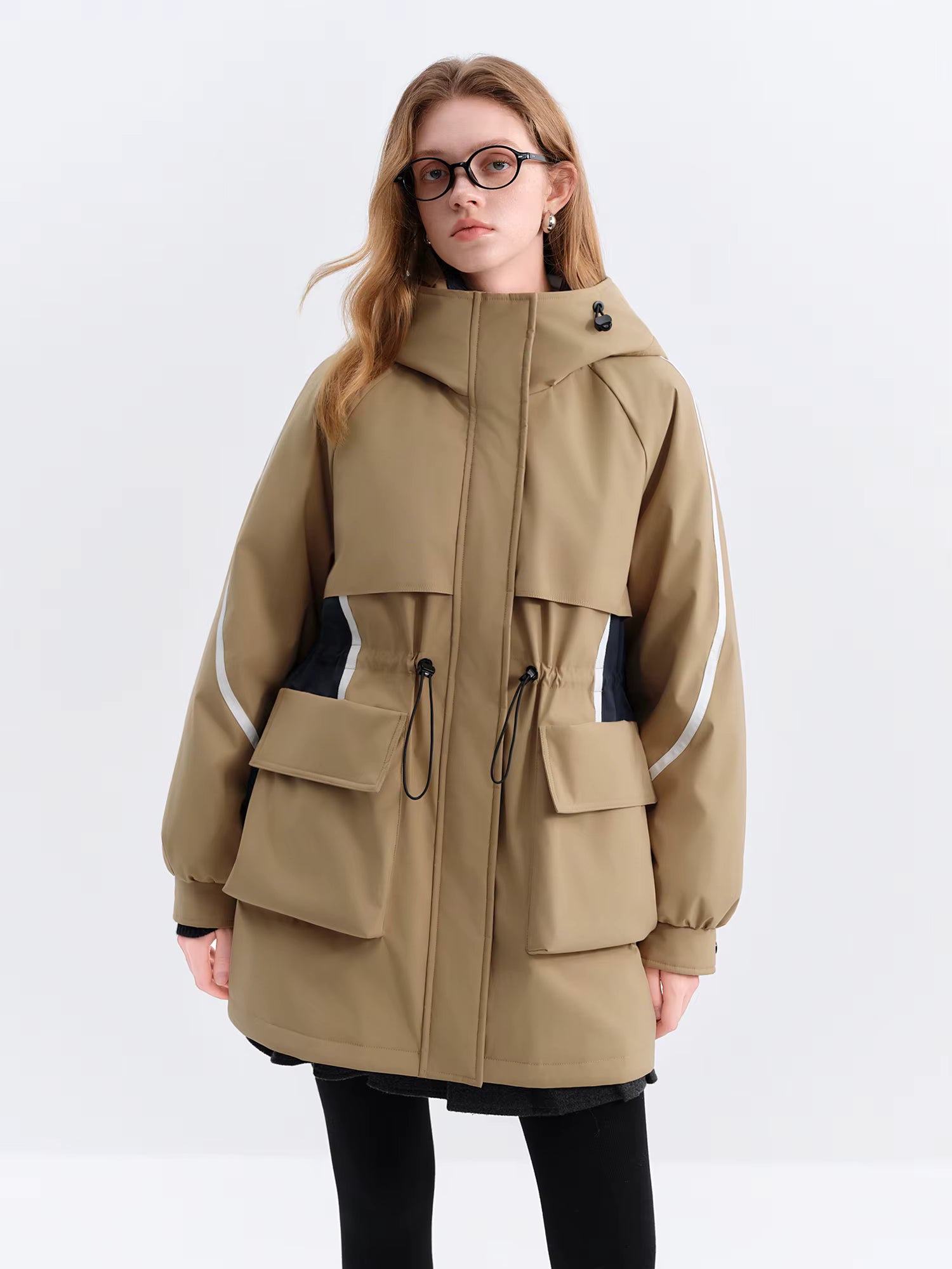 Autumn Winter Women's Stand Collar Hooded Color Block Puffer Coat Retro Belted Waist Down Jacket Vintage Parka Coats