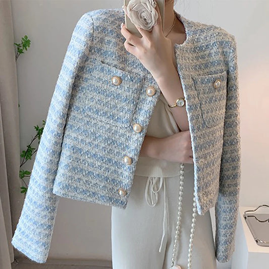 Women Loose Office Pocket Short Coat Single-breasted Tweed Cardigan Coat Autumn Winter Thickened Casual Long Sleeve Jacket Coat