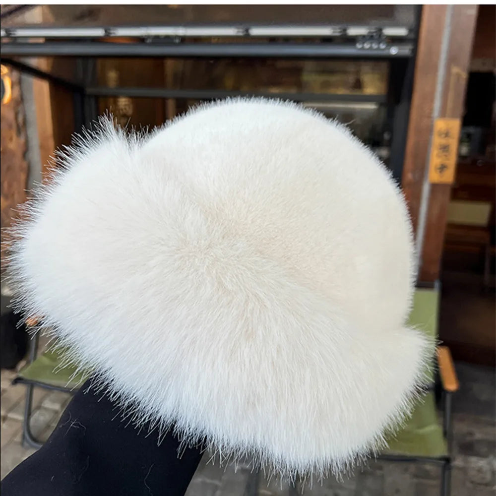 2024 New Women Fluffy Faux Fur Bucket Hat Winter Warm Ear Protection Cap Windproof Panama Caps Fashion White Plush Bucket Hat