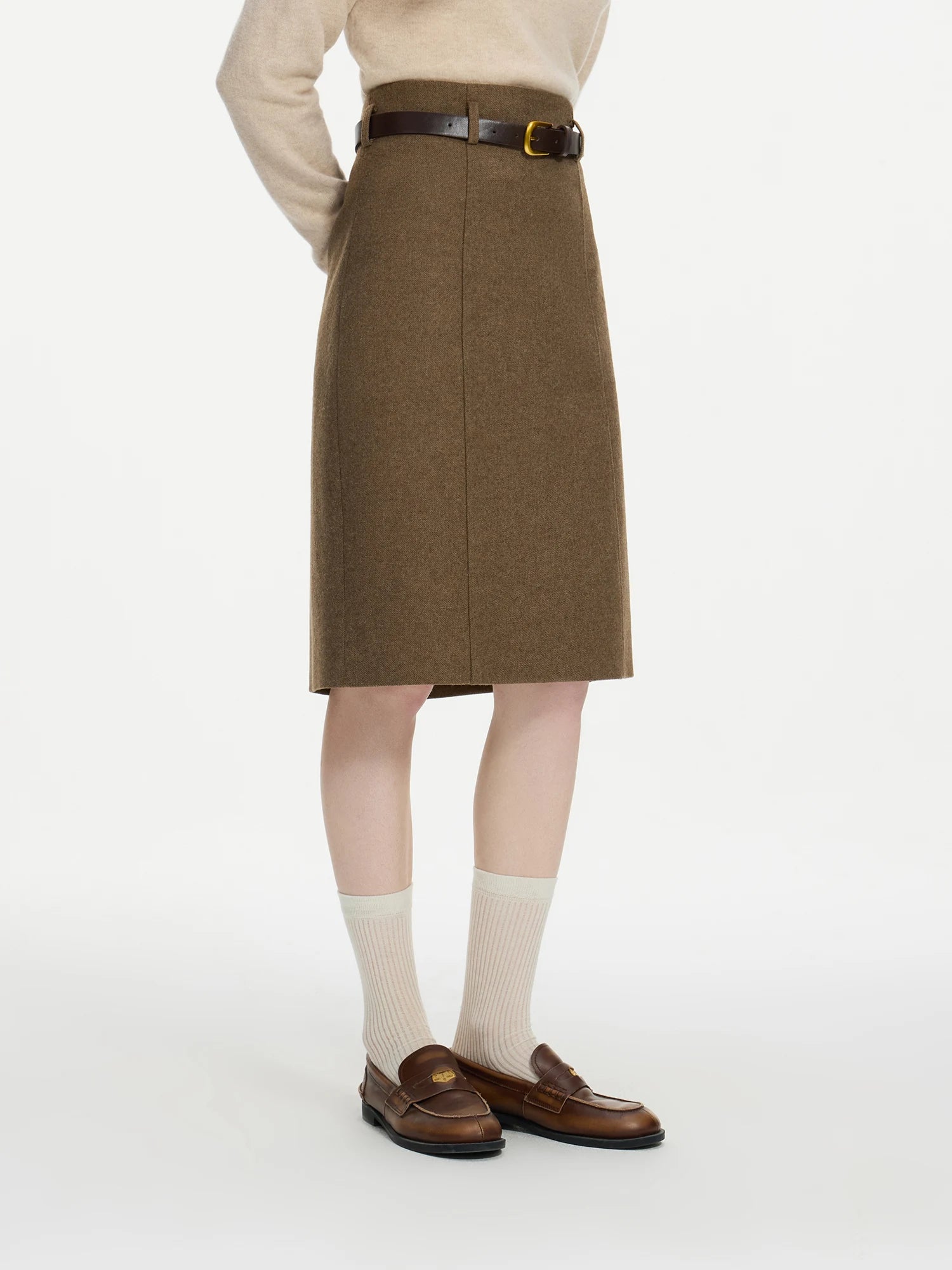 FSLE 23.7% Wool Women Skirts Side Zipper Waist Female Winter Brown Knee-Length Thick Skirt Back Spilt Women Grey Skirt 24FS14464