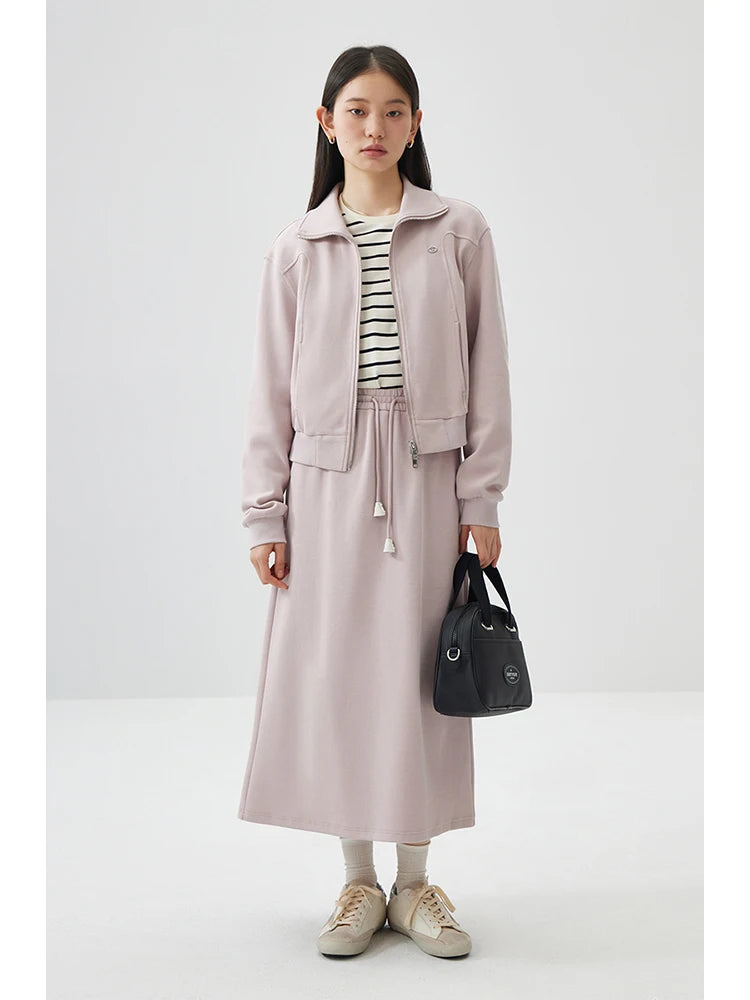 ZIQIAO Cozy Style Double Zipper Casual Pink Sweatshirt Suit for Women Spring 2024 New Long Skirt Two-piece Set Female 24ZQ91102