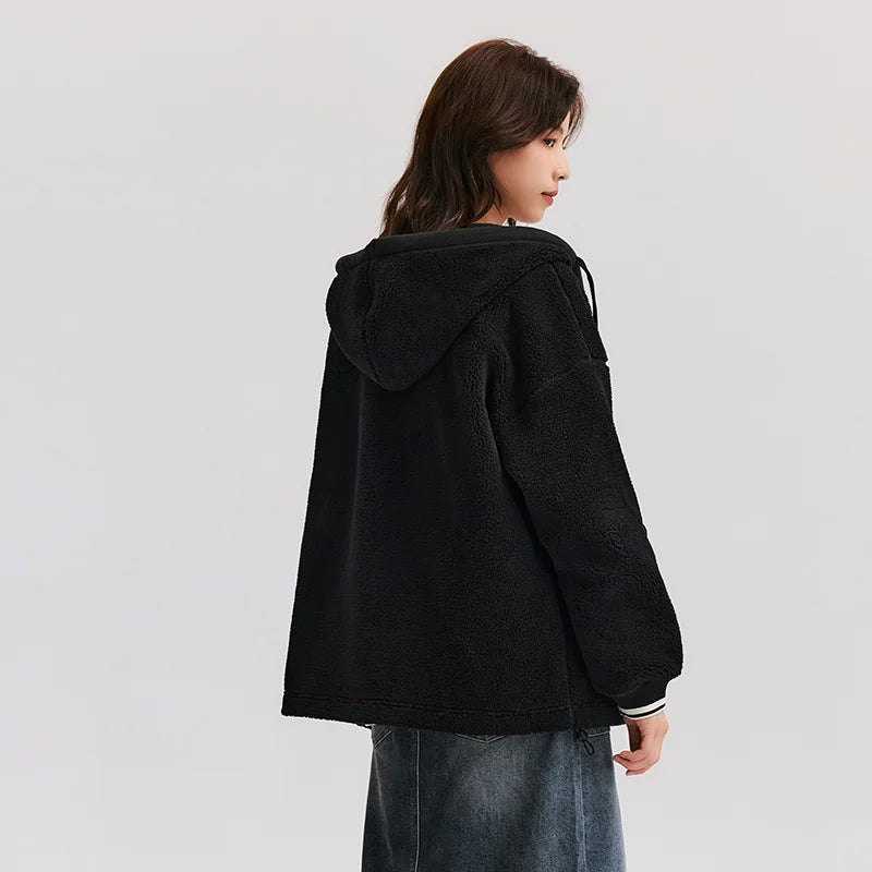 Semir Coat Women Imitation Lamb Wool Polar Fleece Double-Sided Wear Loose 2024 New Winter Contrast Color Simple Hooded Jacket
