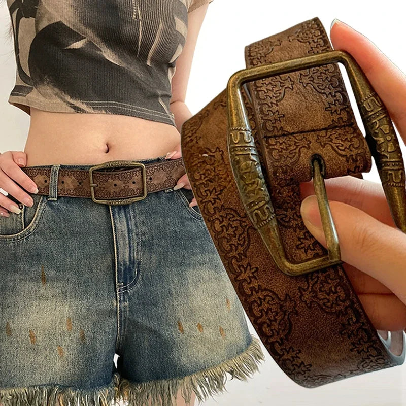 Pattern Print Retro Y2K Belts For Women Luxury Designer Brand Buckle Pin Waist Belt Female Pu Leather Hip Hop Fashion Waistband