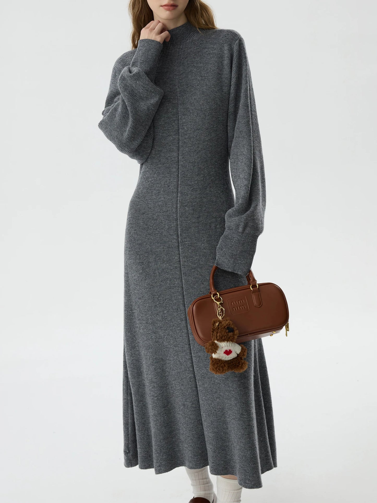 FSLE 33.8% Wool Half High Neck Knit Grey Elegant Women Dress 2024 Winter New Design Bat Sleeve Gentle Dress No Scarf 24FS14378