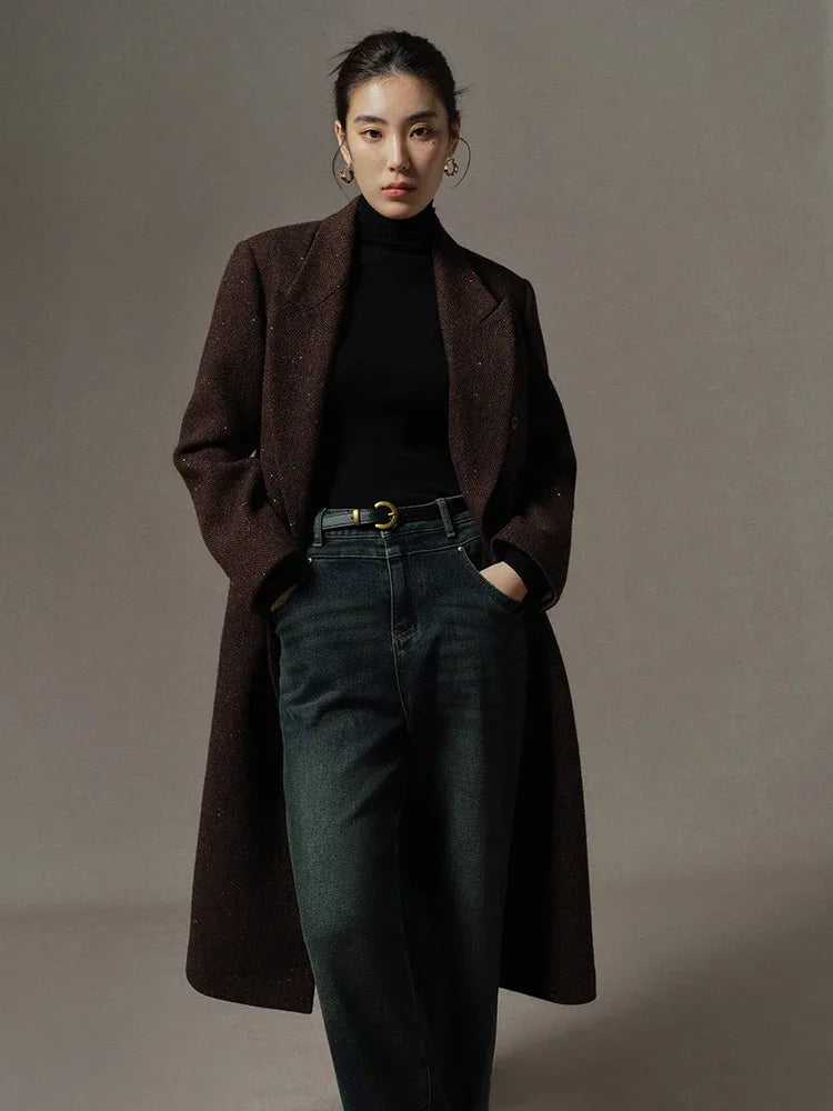 DUSHU Retro Sense Dark Coffee Brown Color Double Breasted Long Wool Coat for Women 2023 Winter Chic Design Woolen Coat Female