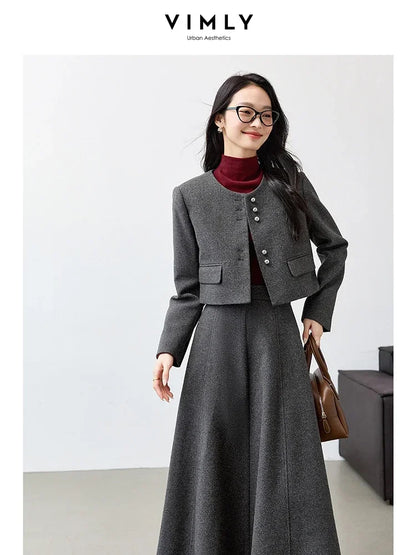 VIMLY Women's Simple Blazer and Skirt Set Fall Winter Elegant Little Fragrant Style Jacket Elastic Waist Skirt Commuter 2pcs Set