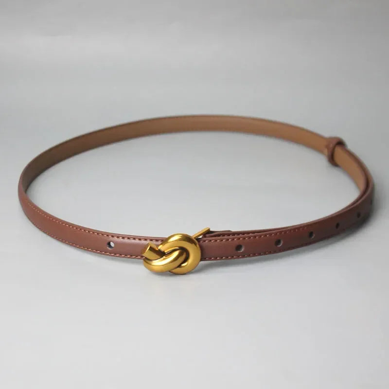 Women Genuine Leather Belt Gold Knot Buckle Waistband Thin Belts for Dress Jeans