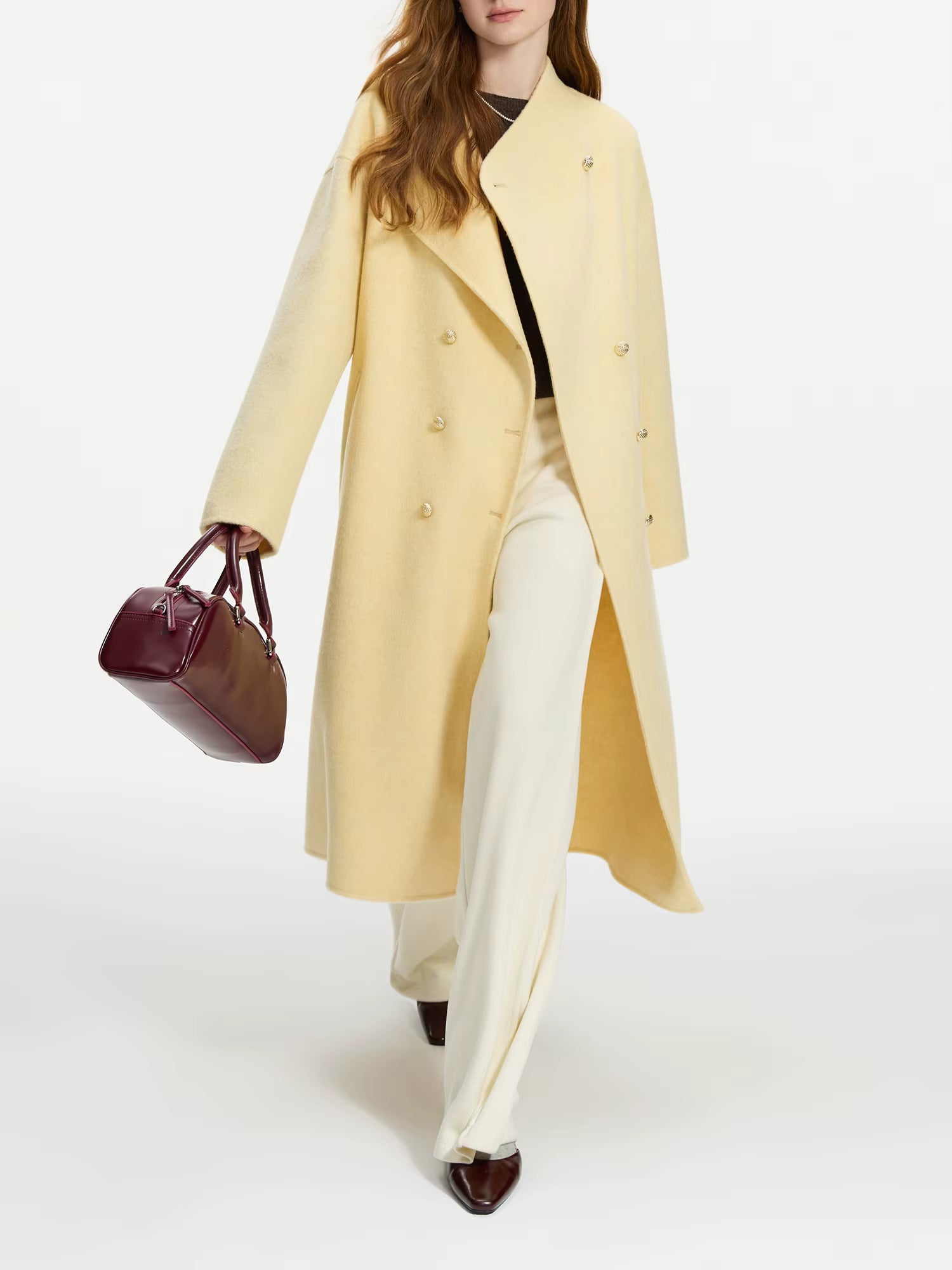 Wool 100% Double Breasted Stand Up Collar Double-sided Woolen Coat for Women's Autumn Winter 2025 New Woolen Coat