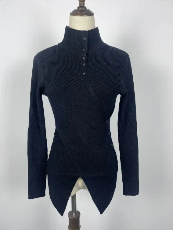 Korean Chic Elegant Slim Fit Cardigan Cross Button Simple Long Sleeve Turtleneck Sweaters 2024 Autumn New All-match Solid Jumper