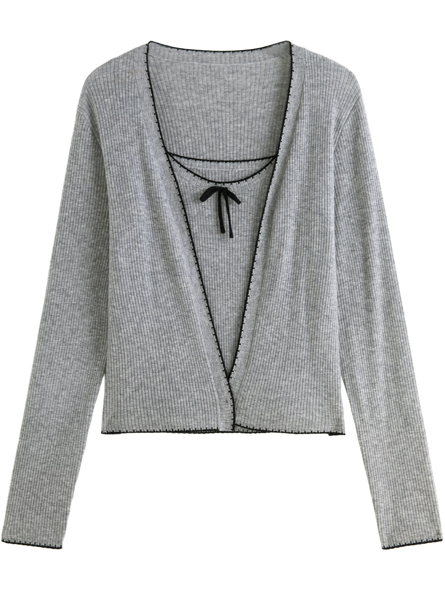 DUSHU Bowknot Strapy Knitted Cardigan Two-pieces Suit 2024 Autumn New Design Gray Chic Cardigan Ladies Coat Suit 24DS83094