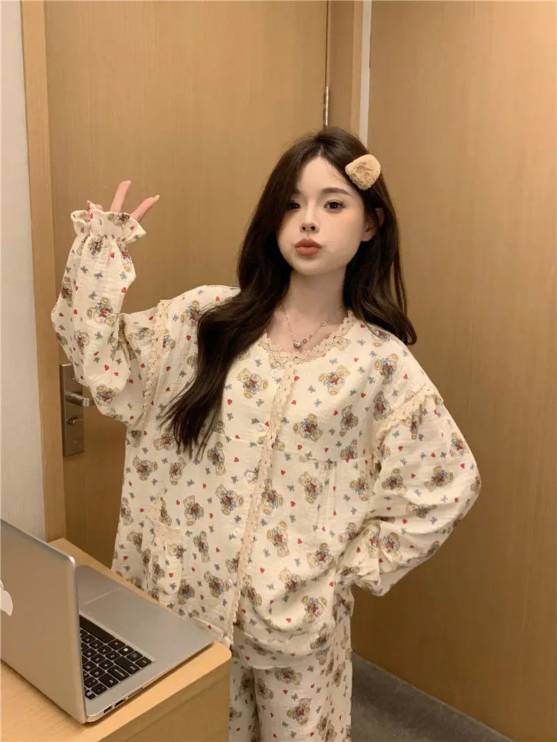 New Sweet Spring Women Home Suits Female Lace Trim Cute Pajamas Sets Girls Cartoon Long Sleeves Trousers Simple Nightwear