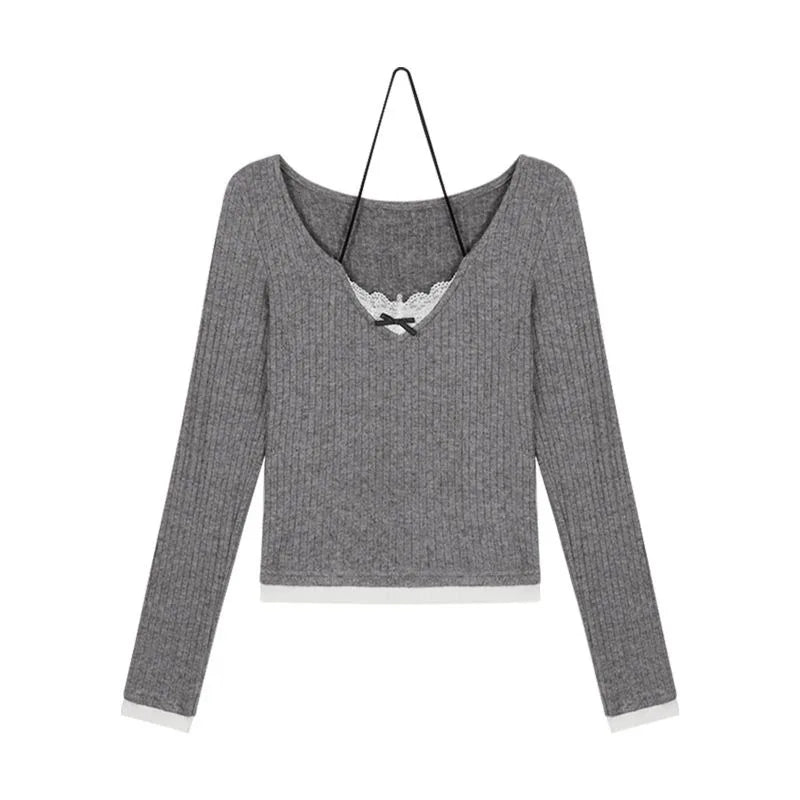 Skinny T-shirts for Women Long Sleeve Gray Lace Design Bow Sweet Girls Spring Tops All-match Korean Style Young Fashion Fit Ins