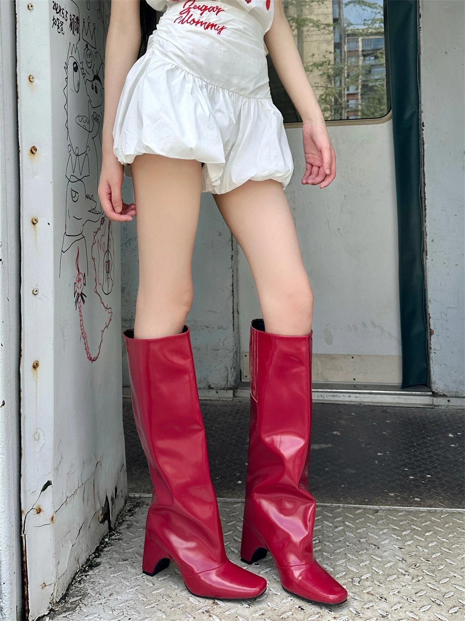 Arched Heel Knee High Santiago Black Red White Silver Artificial Leather Rubber Sole New Square Toes Fall Luxury Women's Boots