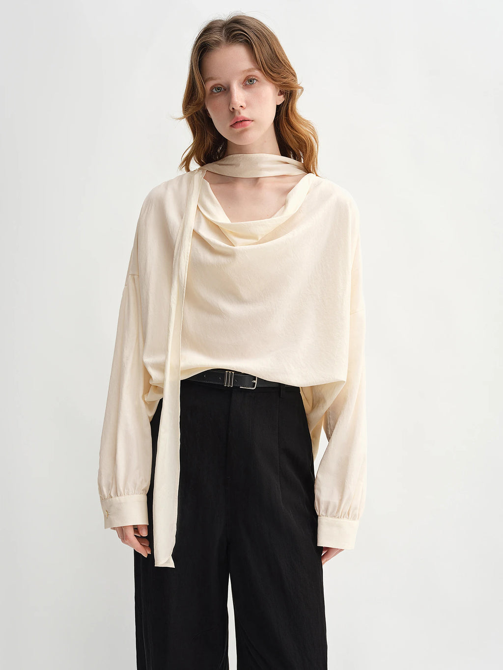 DUSHU Autumn 2025 Women's Drop Shoulder Top - Moonlight-inspired Ribbon Trim Lyocell Blend Elegant Loose Fit Casual Blouse