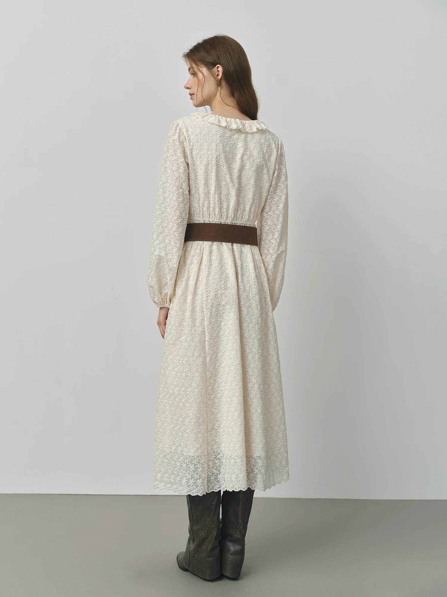 FSLE Autumn 2025 Women's V-Neck Dress - Long Sleeve Romantic Floral Embroidery Lace Trim Pearl Accents Loose Maxi Dress