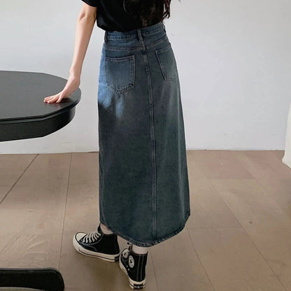 Women's Denim Wrap Skirts Retro High Waisted Split A-Line Denim Skirt Autumn Fashion Straight Skirt Female