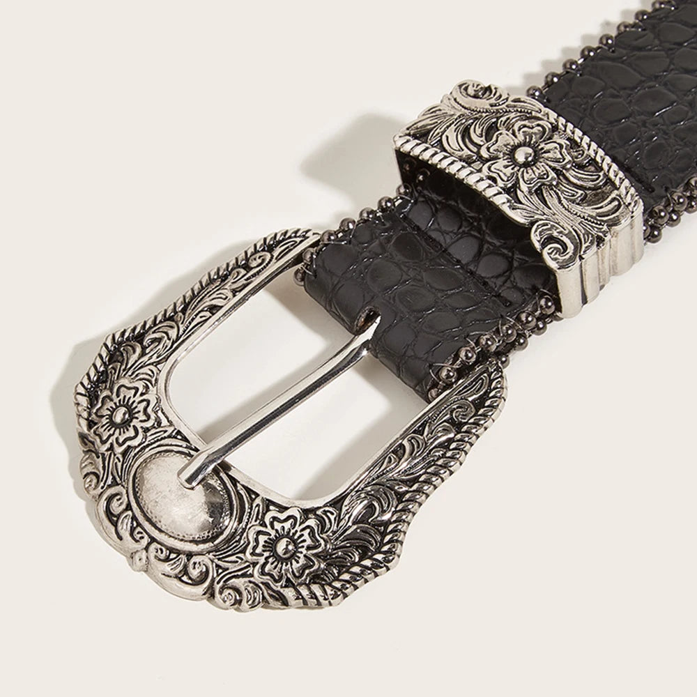 Fashion Gothic Pu Belt for Women Alloy Buckle Jeans Waist Strap Luxury Design Stone Pattern Female Jeans Waistband Y2k Accessory