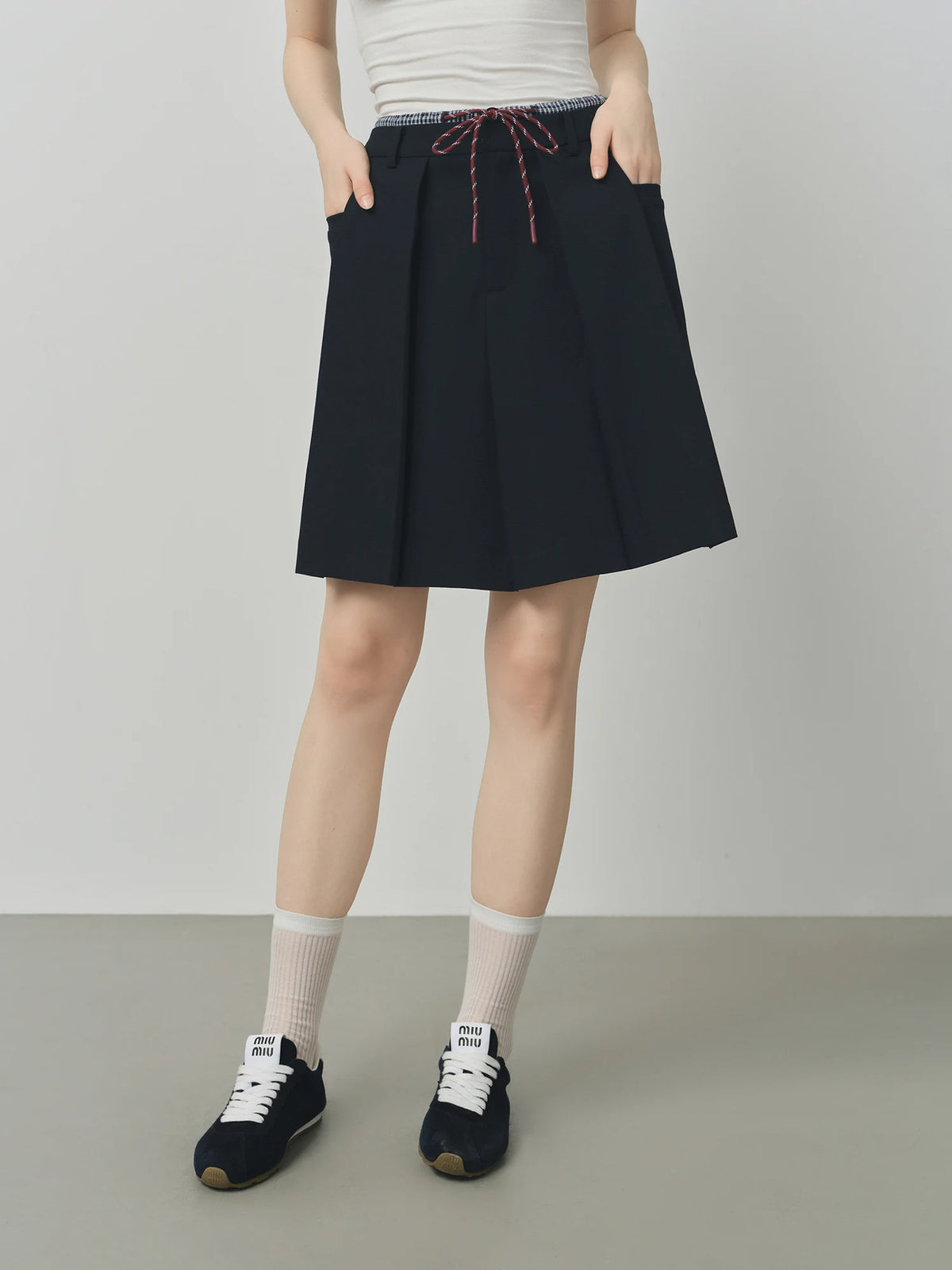FSLE Double Waist Fake Two-piece Plaid Splicing Drawstring Skirt 2025 Autumn New Style Skirt