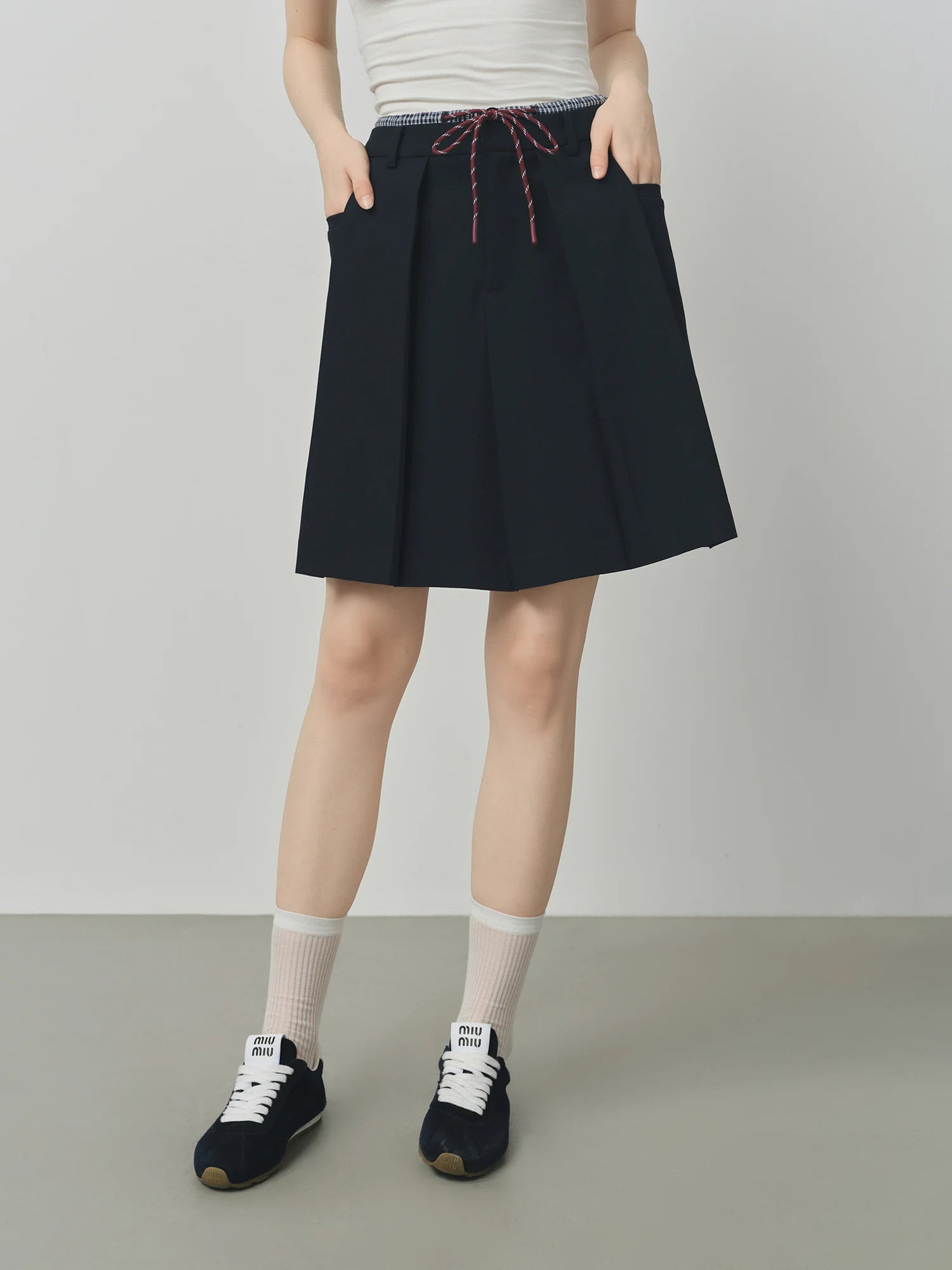 FSLE Double Waist Fake Two-piece Plaid Splicing Drawstring Skirt 2025 Autumn New Style Skirt