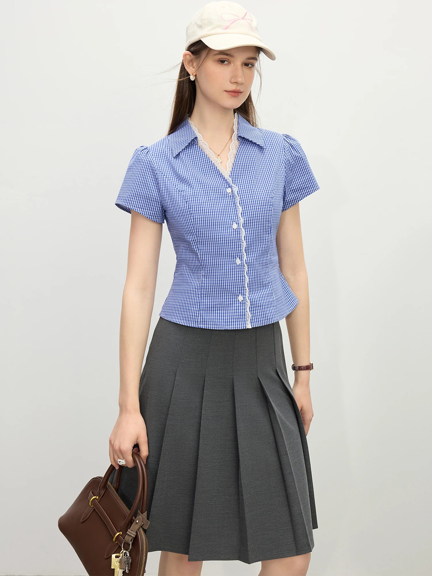 FSLE 2025 Summer French Lace Checkered Layered Collar Blouse Casual Office Linen-Blend Slim Fit Women's Top