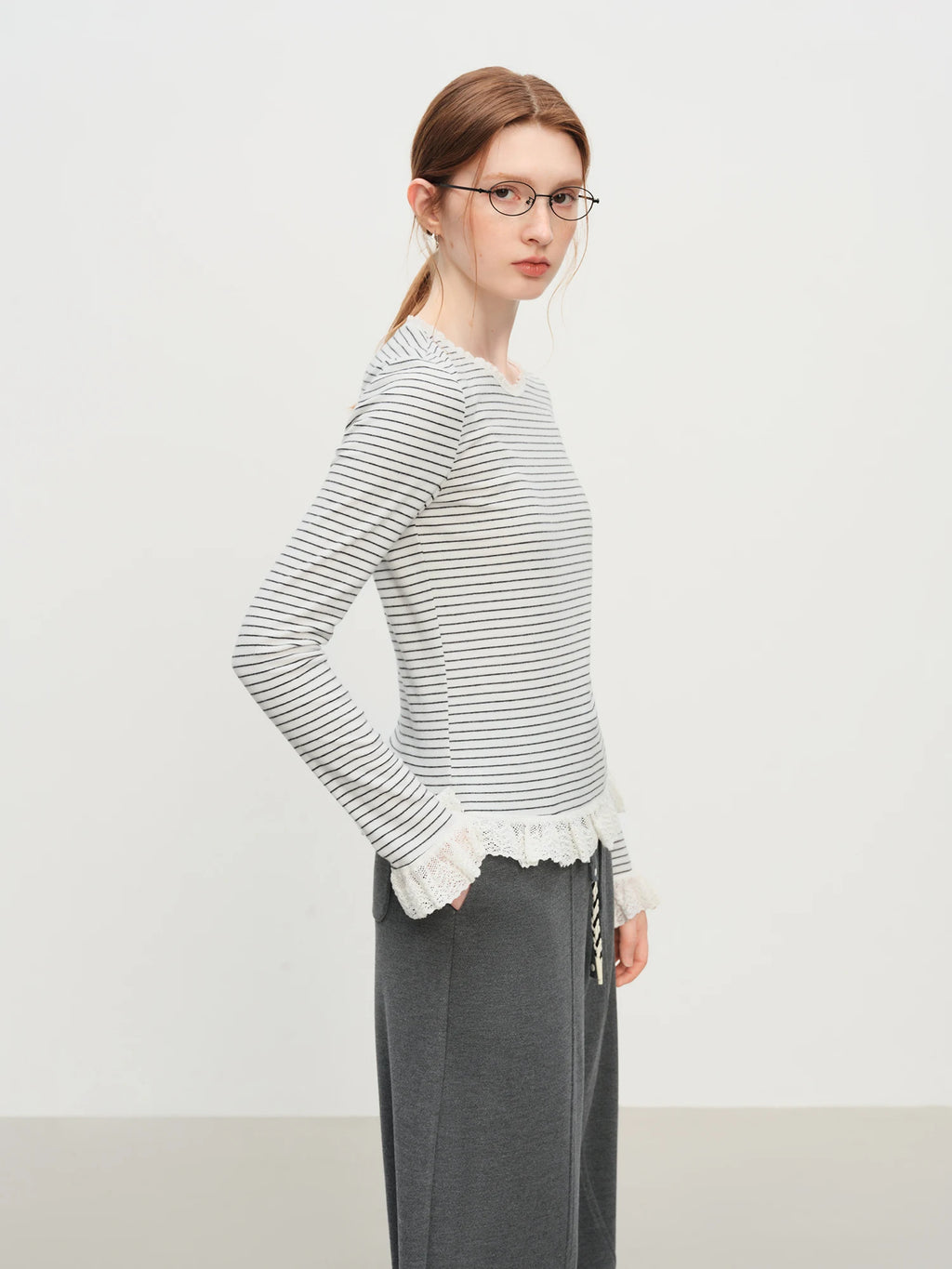 FSLE Autumn Winter 2025 Women's Striped Knit T-Shirt - Long Sleeve Lace Trim Base Layer Top Soft Stretch for Casual Layering
