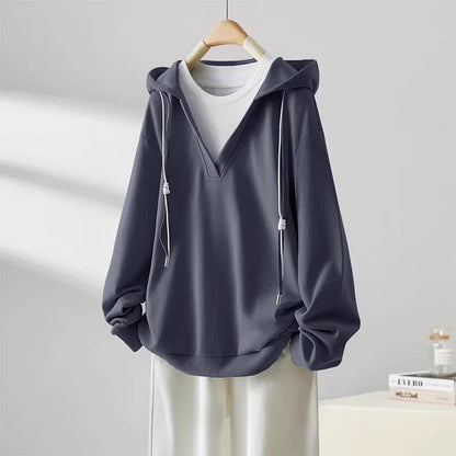 Women Spring Autumn Korean New Hooded Collar Pullover Fashion Design Fake 2-piece T-shirt Loose Large Versatile Long Sleeve Tops