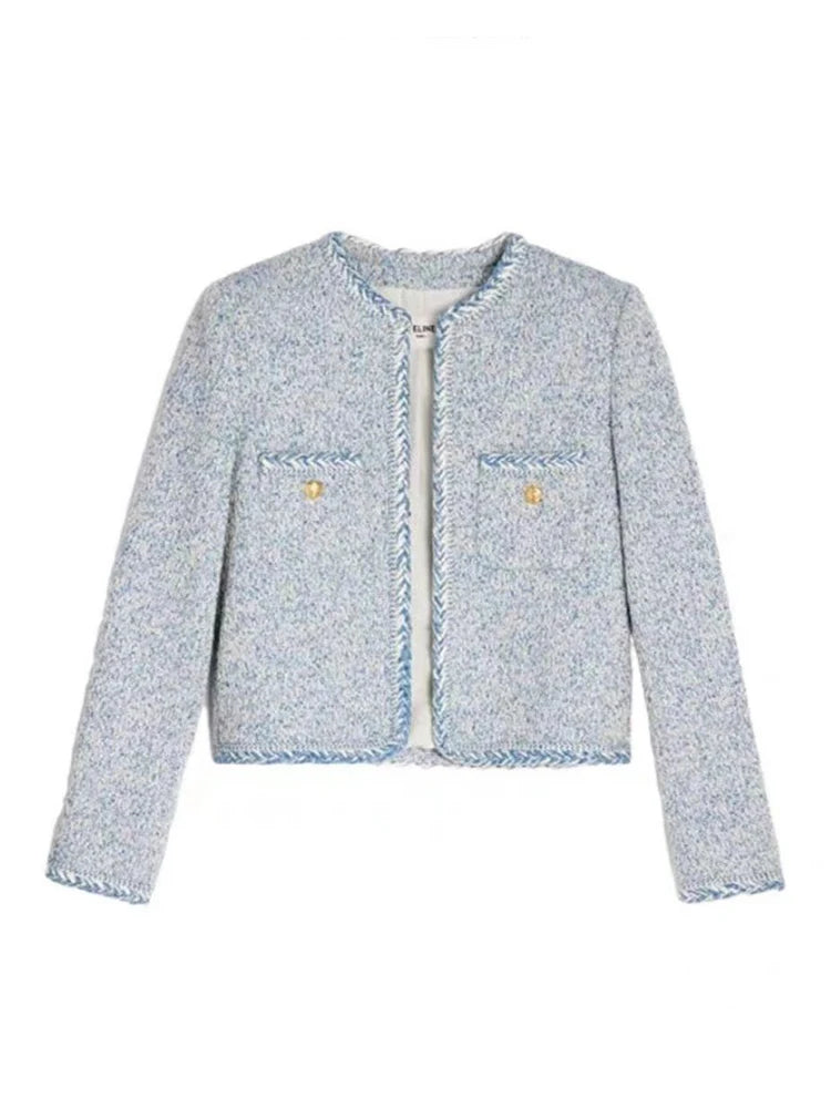 Zoki French Sweet Women Tweed Jacket Elegant Buttons Faux Wool High Quality Coat Fashion New Long Sleeve Casual Female Outwear