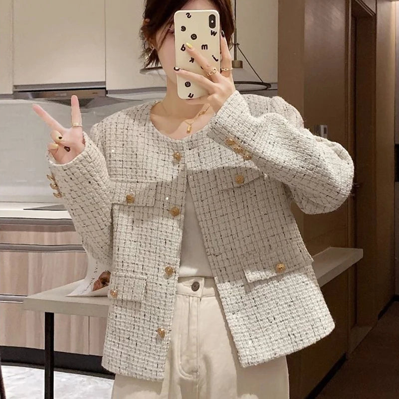 Hdspq Chic Striped Tweed Jackets Women 2023 Autumn Woman O Neck Long Sleeve Coats Woman with Pocket Korean Style Jacket Outwear