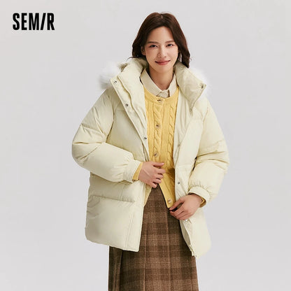 Semir Down Jacket Women Mid-Length Fur Collar Hooded Warm 2024 Winter New Temperament Loose Waterproof Windproof Down Jacket