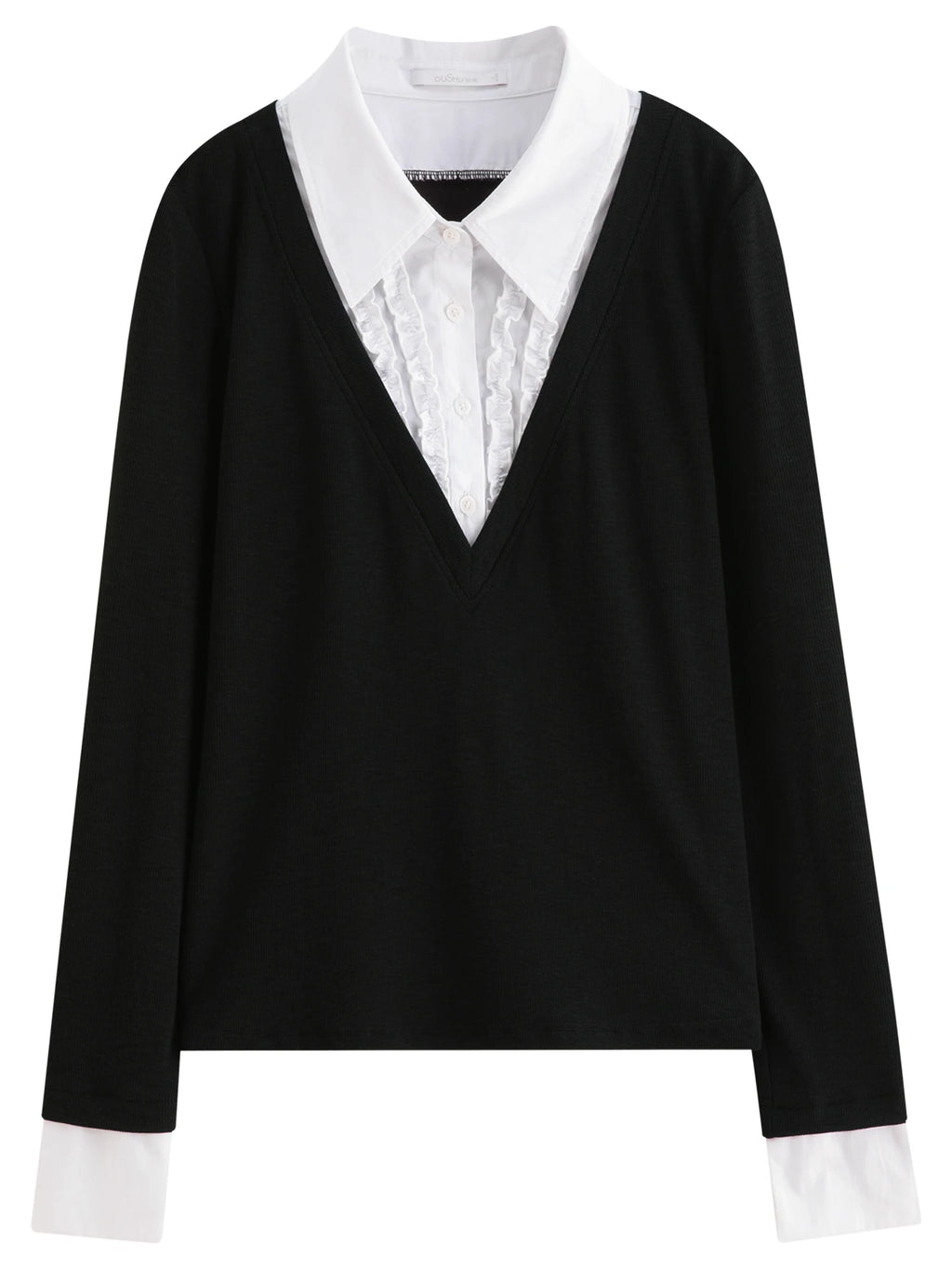 Plus Size Women's Fake Two-piece Long-sleeved Patchwork Shirt 2025 Autumn New Arrival Knitted Pullover Fashion Commute Top