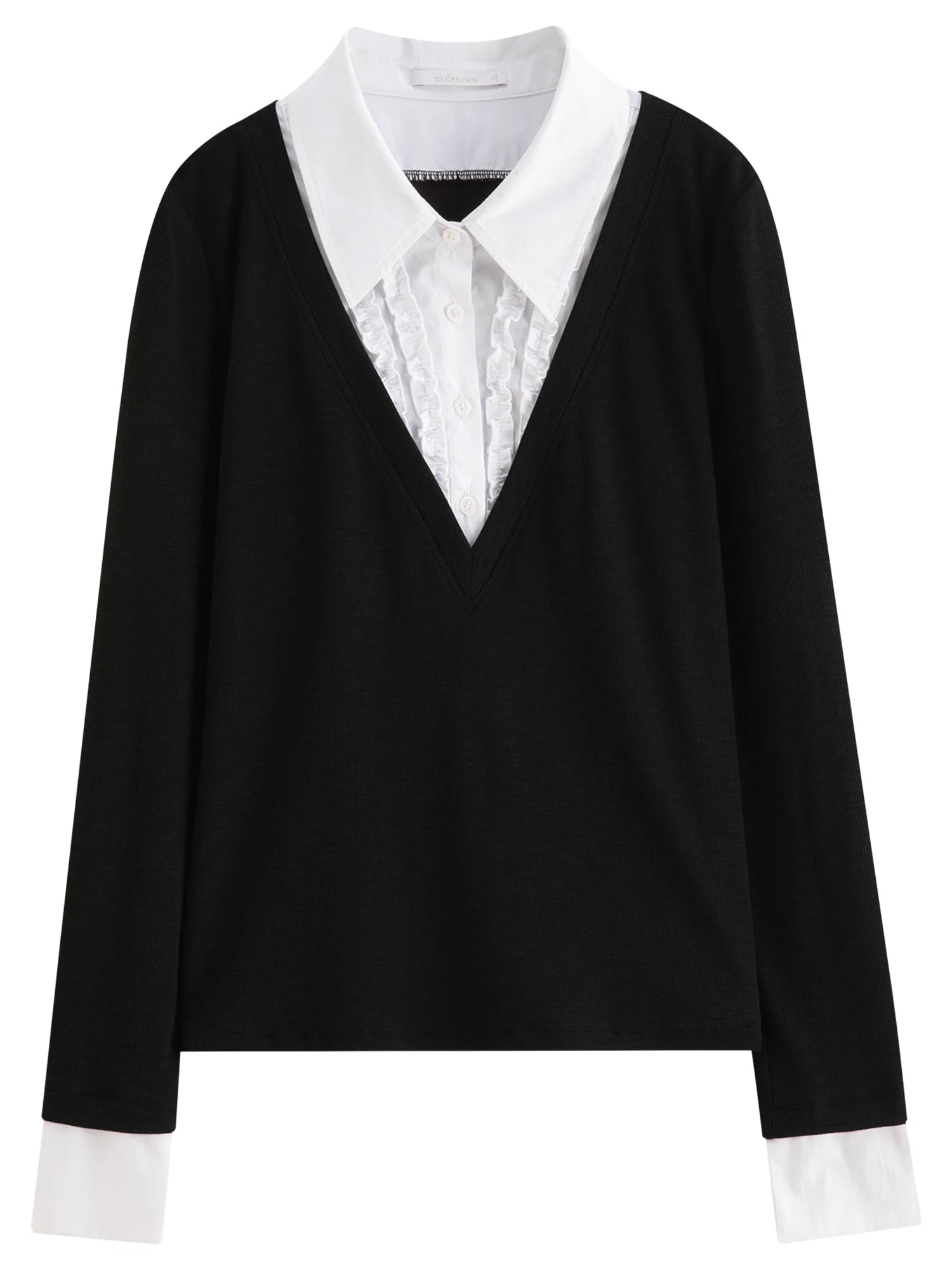 Plus Size Women's Fake Two-piece Long-sleeved Patchwork Shirt 2025 Autumn New Arrival Knitted Pullover Fashion Commute Top