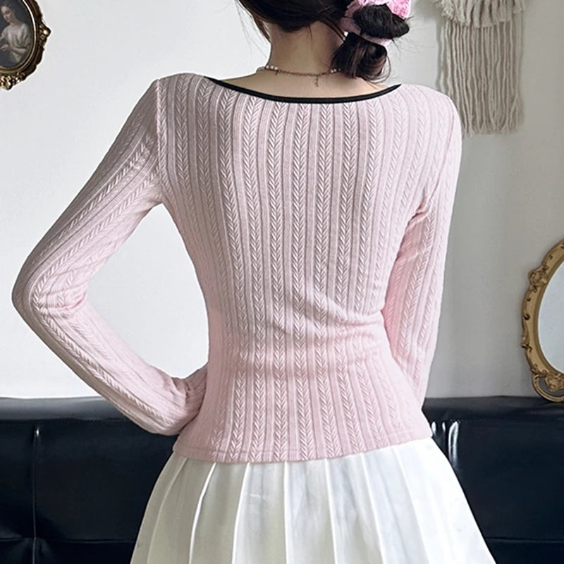 IAMHOTTY y2k Patchwork Knitted Top Pink Lolita Style Bow Buttons Decorate T-shirts Autumn Spring Coquette Aesthetic Knitwear New