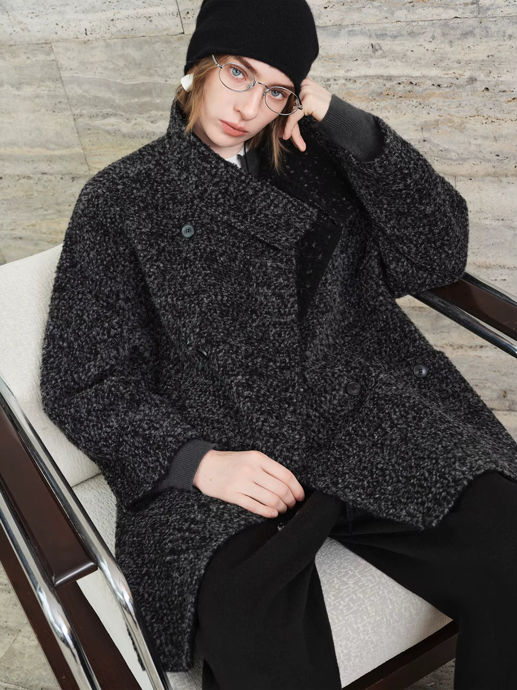 【Premium Series】 Women's Tweed Pattern Turtleneck Wool Blend Overcoat - Elegant Winter Long Coat for Business Casual