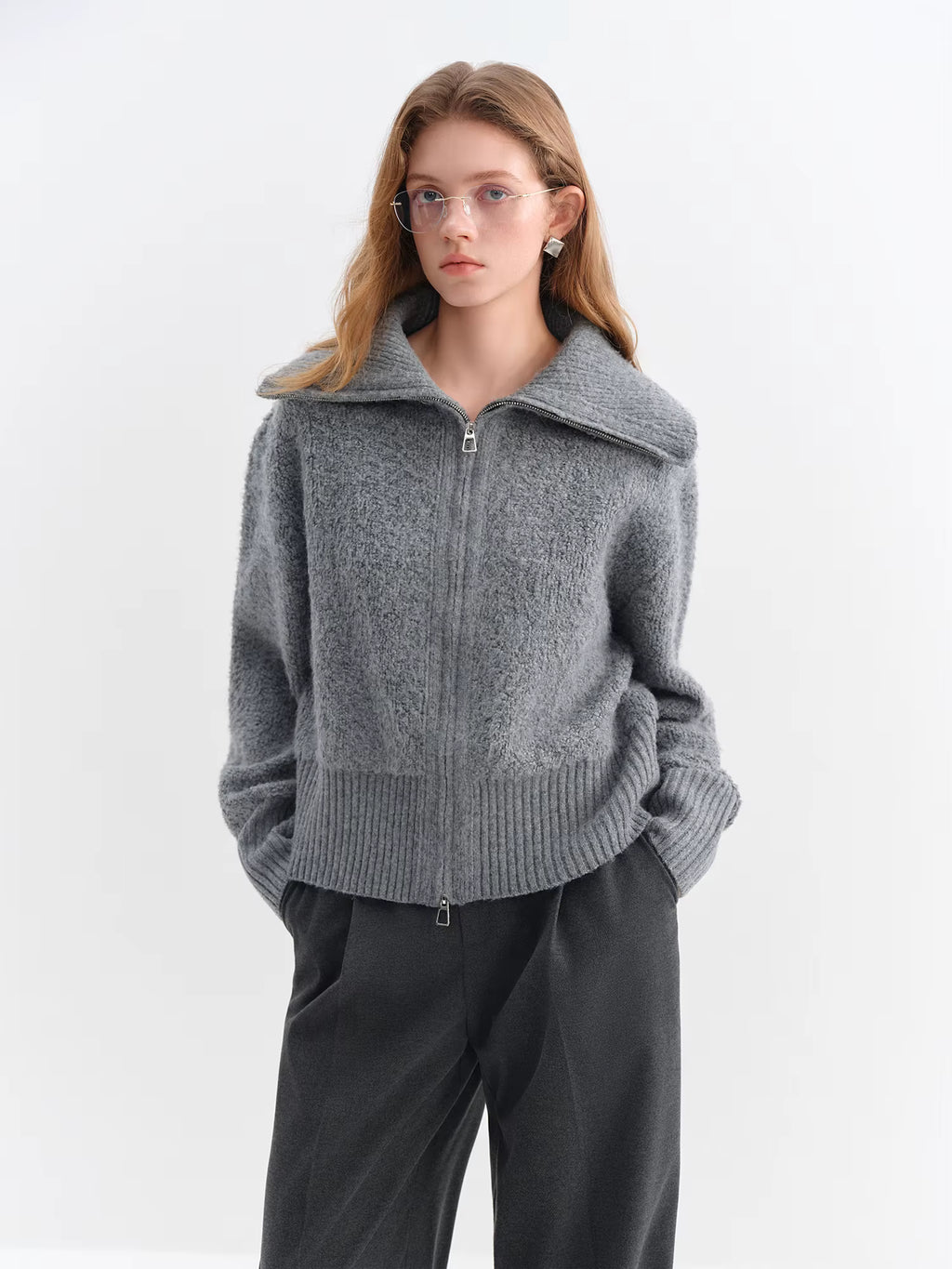 2025 Winter Women's Grey Preppy Style Wide Notch Lapel Knit Cardigan - Casual Commute Open Front Sweater for Daily Elegant