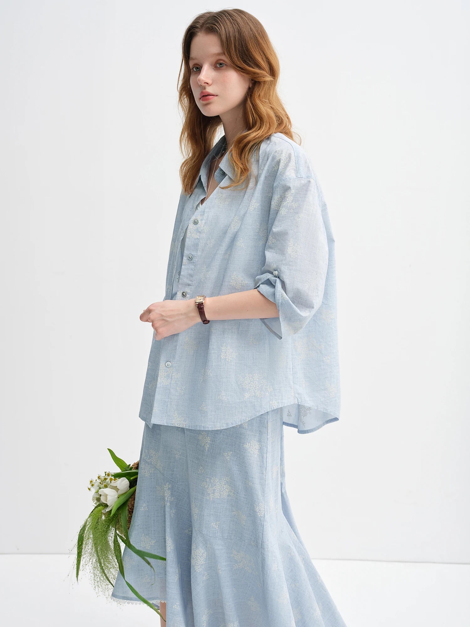 DUSHU Women Vibrant Color Print Shirt and Skirt Two-Piece Set, 2025 Fall New Arrival Elegant Fashionable Set