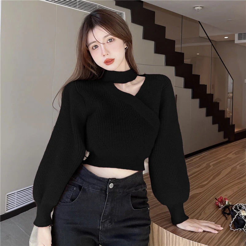 Cropped Halter Sweater Women Korean Black Sexy Off Shoulder Knitted Pullovers Winter Ladies Elegant Knitwear Fashion Jumpers New