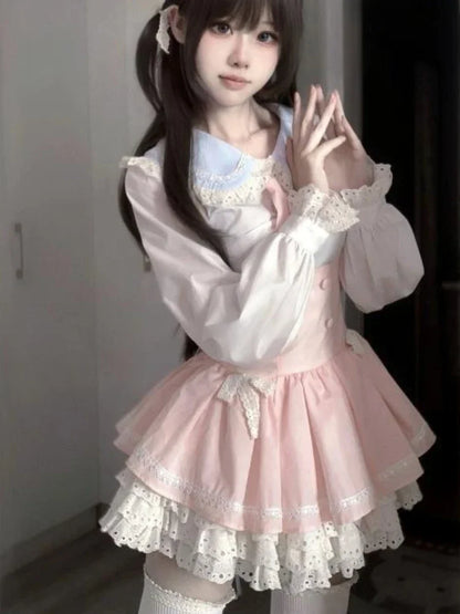 Kawaii Japanese Style 2 Piece Set Casual Blouse + Sweet Pink Y2k Mini Skirt Lace Lolita Fashion Suit Woman Design 2024 New