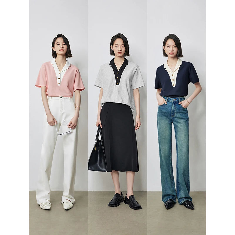 TOYOUTH Women Contrasting Colors POLO Collar T-shirt 2024 Summer New Short Sleeved Top