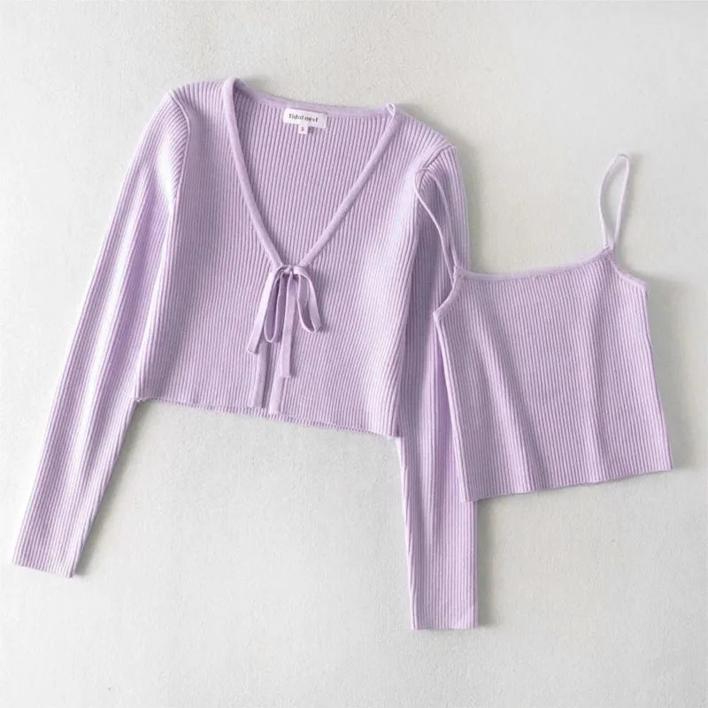 Kpop 1 Set Spring Korea Style Vintage Ribbed Knitted Cardigan Tank Top V neck Bandage Tie Bow Sweater Jumper Knitwear 4 Colors